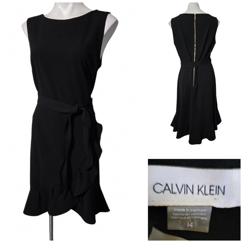 Calvin Klein Black Ruffle Sheath Dress Sleeveless Gold Zip CD1C13HT Size 14
